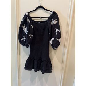 River Island Black Mini Dress Size 8 White Embroidery